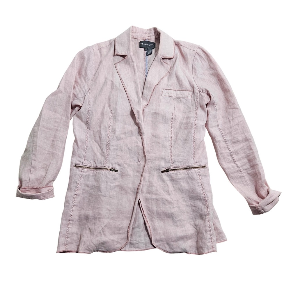 Michael Stars Blazer Small Pink Linen Exposed Seam Snap Front Zip Pocket